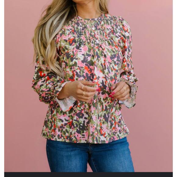 NWT Michelle McDowell Lynn Top in Honey crisp Olive Med BOHO cottage smocked - Picture 1 of 7